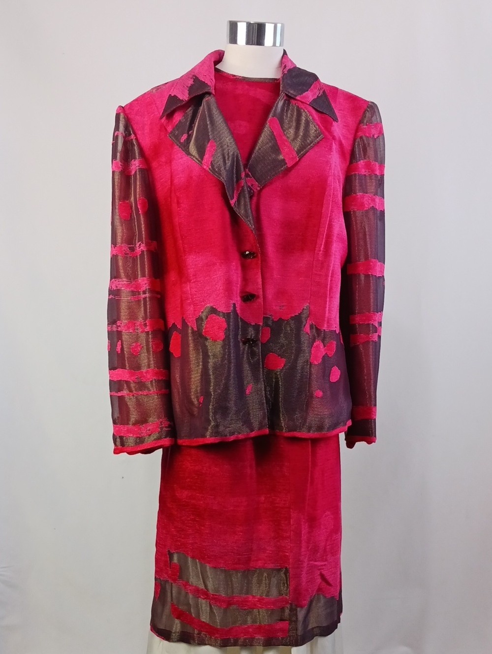 ROGER SAKOUN VTG RED/METALLIC 3 PIECE SKIRT SUIT